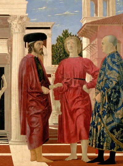 (dettaglio) Tre figure in primo piano in La Flagellazione di Cristo da Piero della Francesca